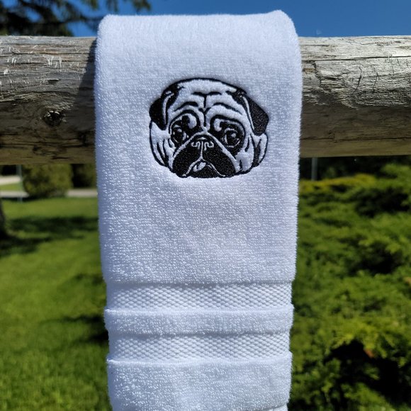 PUG hand towel - Embroidered PUG white bath towel, great gift for dog moms! - Picture 1 of 3